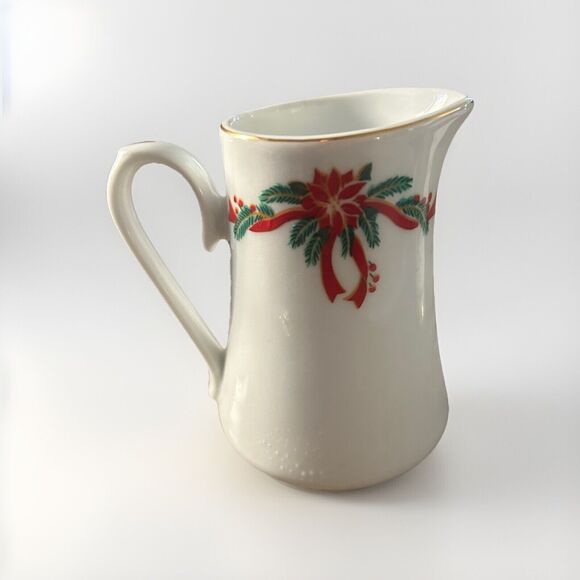 Poinsettia And Ribbons Fine China 6 Christmas Holidays Tea Cups and Creamer - Picture 3 of 15